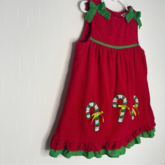 Rare Too Girls Red Corduroy Holiday Jumper Polkadots Ruffle Bows Candy Canes 4T - Picture 2 of 11